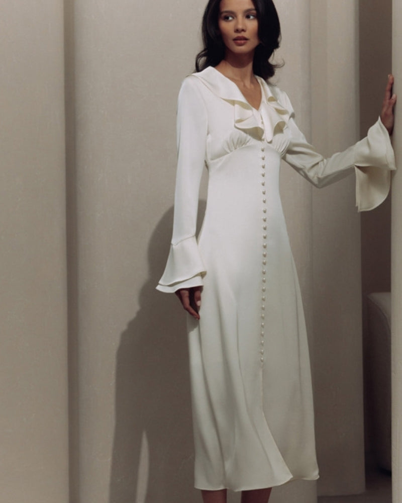 Pearl Button Ruffle Midi Dress - Old Money