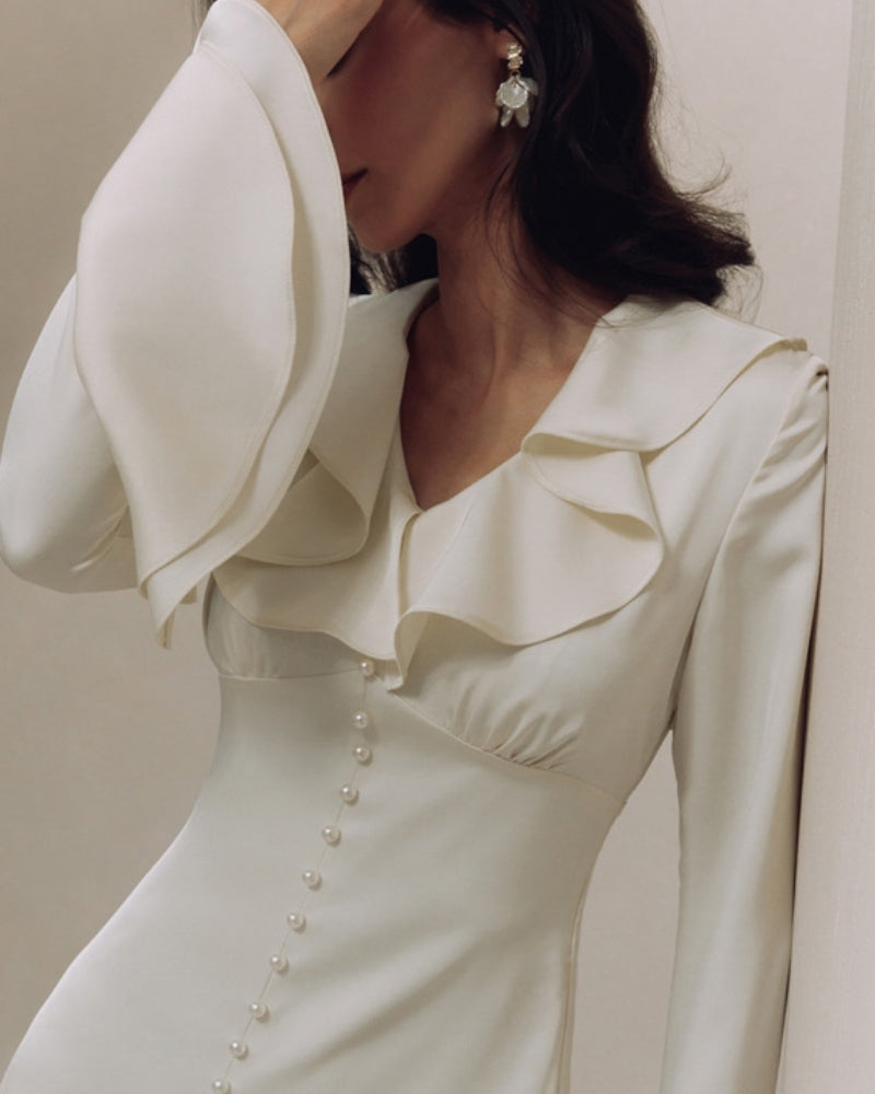 Pearl Button Ruffle Midi Dress - Old Money